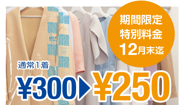 期間限定 特別料金 12月末迄 通常1着300円→250円